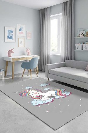 Frenda Home Unıcorn Pamuk Taban Dekoratif Baskılı Çocuk Odası Halısı Gri
