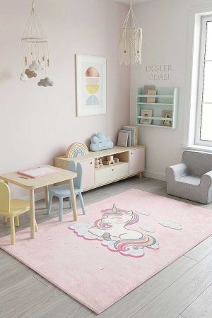 Frenda Home Unıcorn Pamuk Taban Dekoratif Baskılı Çocuk Odası Halısı Pembe