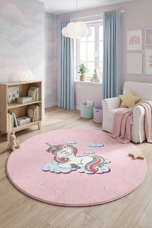 Frenda Home Unıcorn Pamuk Taban Dekoratif Baskılı Yuvarlak Çocuk Odası Halısı Pembe