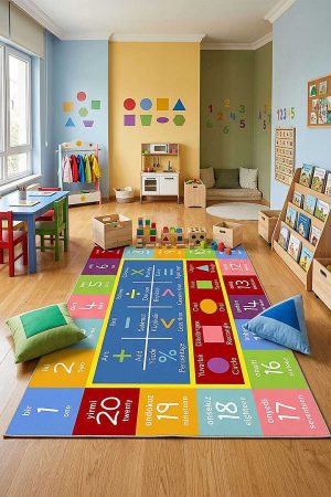 Türkçe İngilizce Sayılar Matematik Sembolleri Geometrik Şekiller Eğitici Anaokulu Kreş Halısı